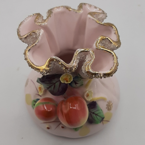 Vintage L'Amour Majolica Apples & Blossoms Pink Pinched Ruffled Top Vase Japan - Picture 7 of 9